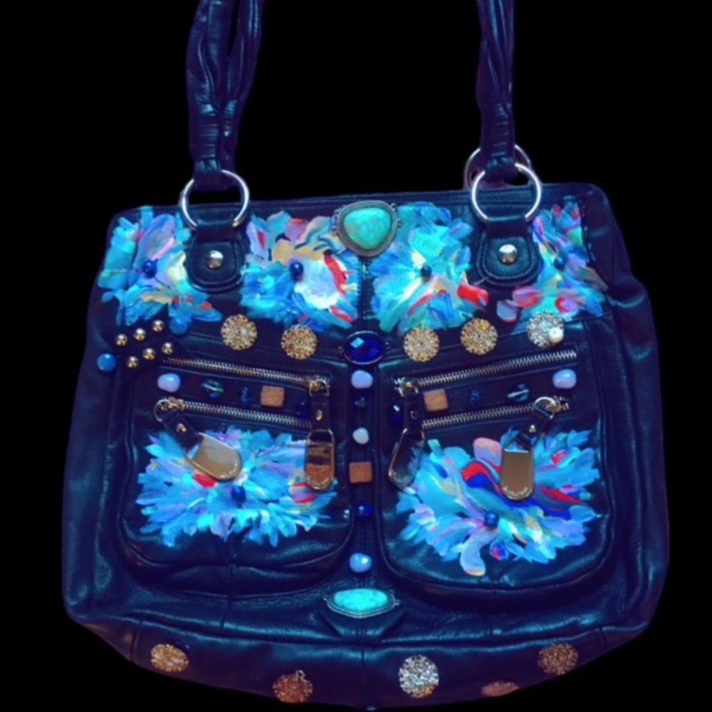 Hand Painted & Customed Black Leather Bag